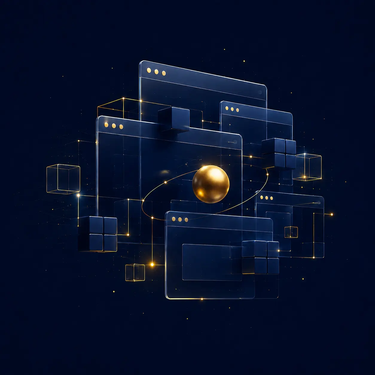 Абстрактная 3D-композиция из интерфейсных окон и модульных элементов